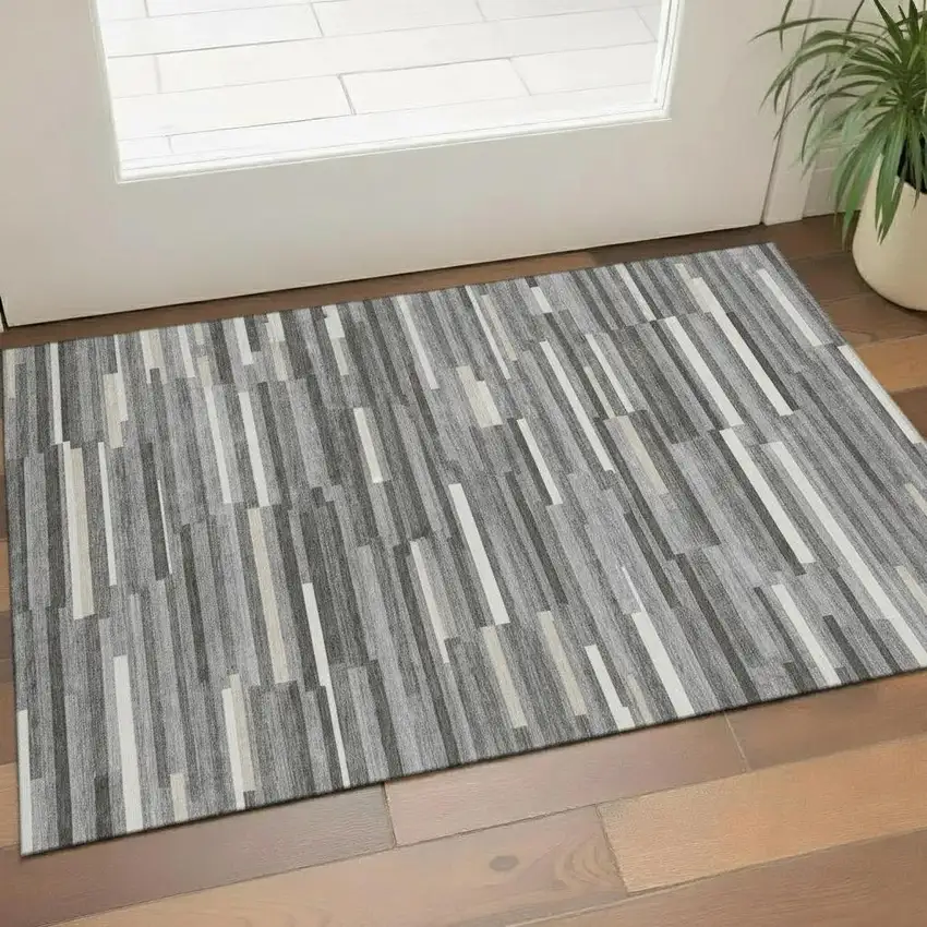 Gray And Ivory Striped Washable Area Rug With UV Protection Photo 1