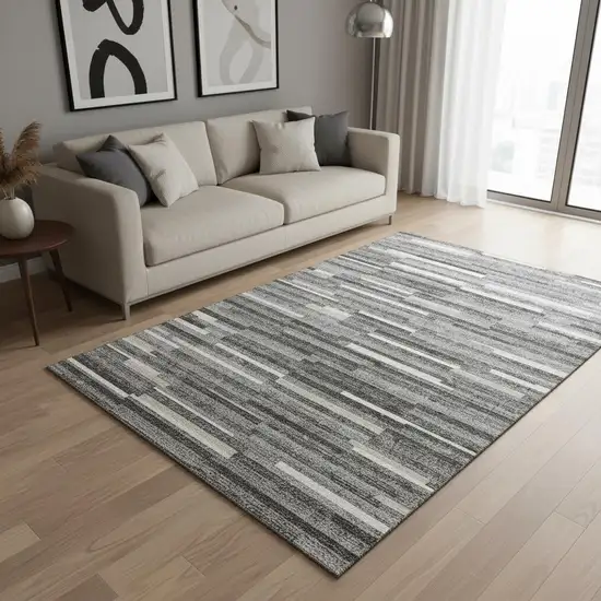 Gray And Ivory Striped Washable Area Rug With UV Protection Photo 2