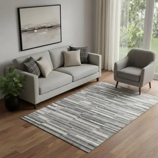 Gray And Ivory Striped Washable Area Rug With UV Protection Photo 1