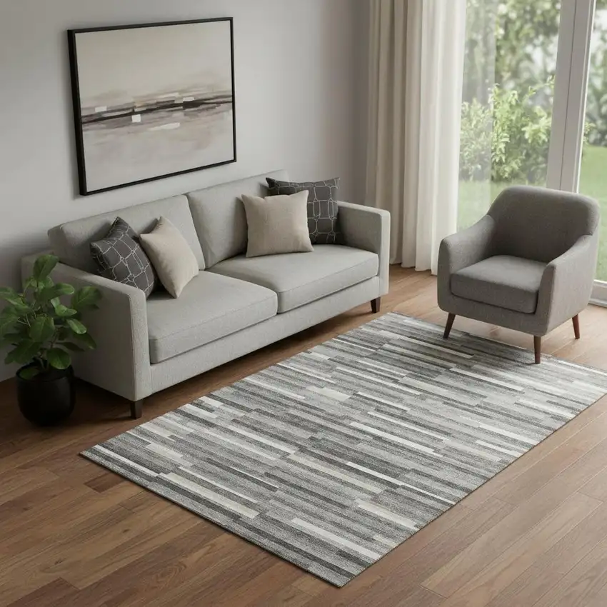 Gray And Ivory Striped Washable Area Rug With UV Protection Photo 1