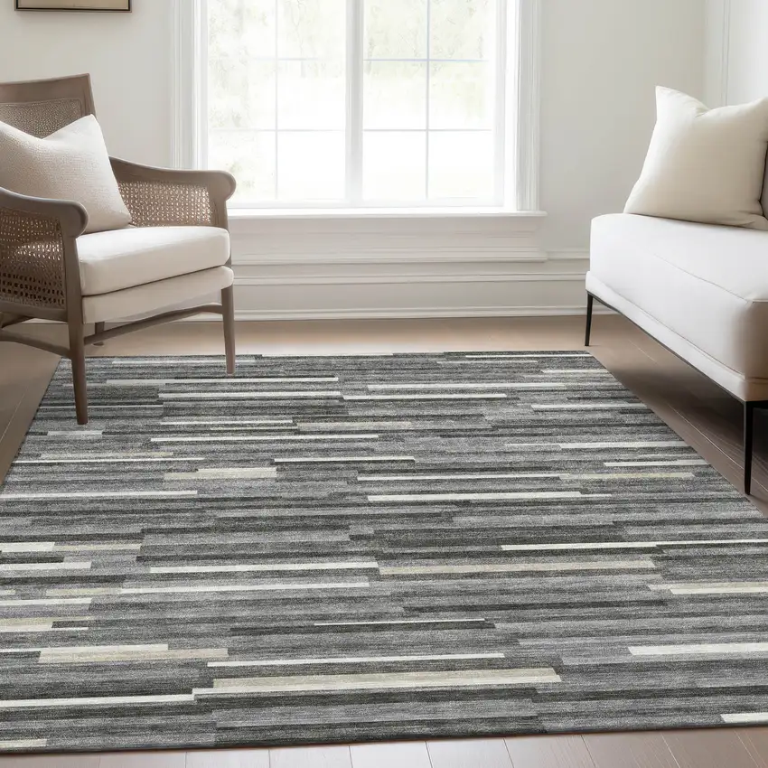 Gray And Ivory Striped Washable Area Rug With UV Protection Photo 6
