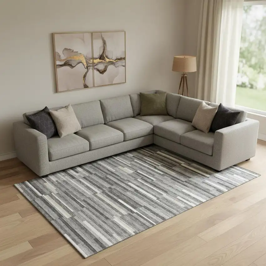 Gray And Ivory Striped Washable Area Rug With UV Protection Photo 1