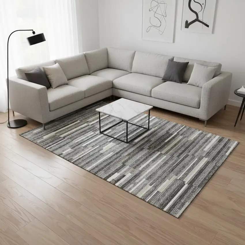 Gray And Ivory Striped Washable Area Rug With UV Protection Photo 2