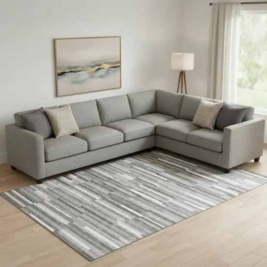 Gray And Ivory Striped Washable Area Rug With UV Protection Photo 1
