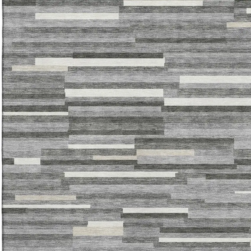 Gray And Ivory Striped Washable Area Rug With UV Protection Photo 3