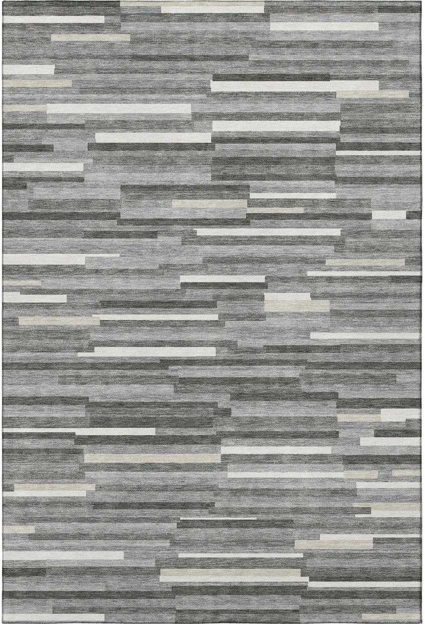 Gray And Ivory Striped Washable Area Rug With UV Protection Photo 4