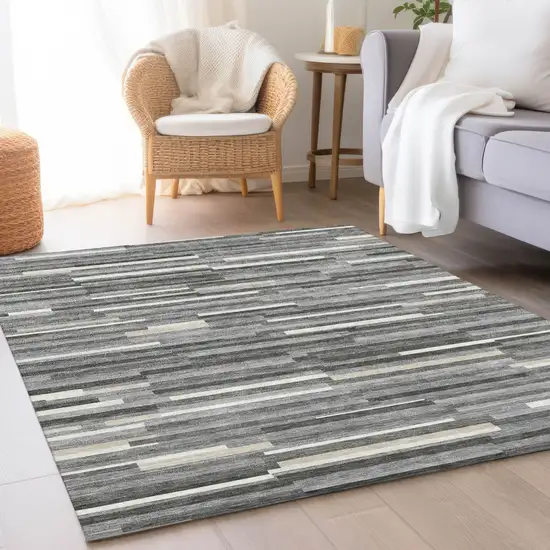 Gray And Ivory Striped Washable Area Rug With UV Protection Photo 5