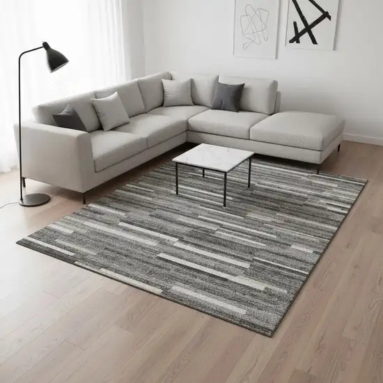Gray And Ivory Striped Washable Area Rug With UV Protection Photo 2