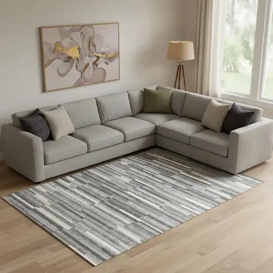 Gray And Ivory Striped Washable Area Rug With UV Protection Photo 1