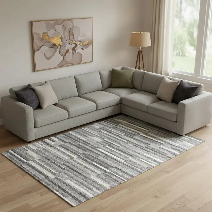 Gray And Ivory Striped Washable Area Rug With UV Protection Photo 1