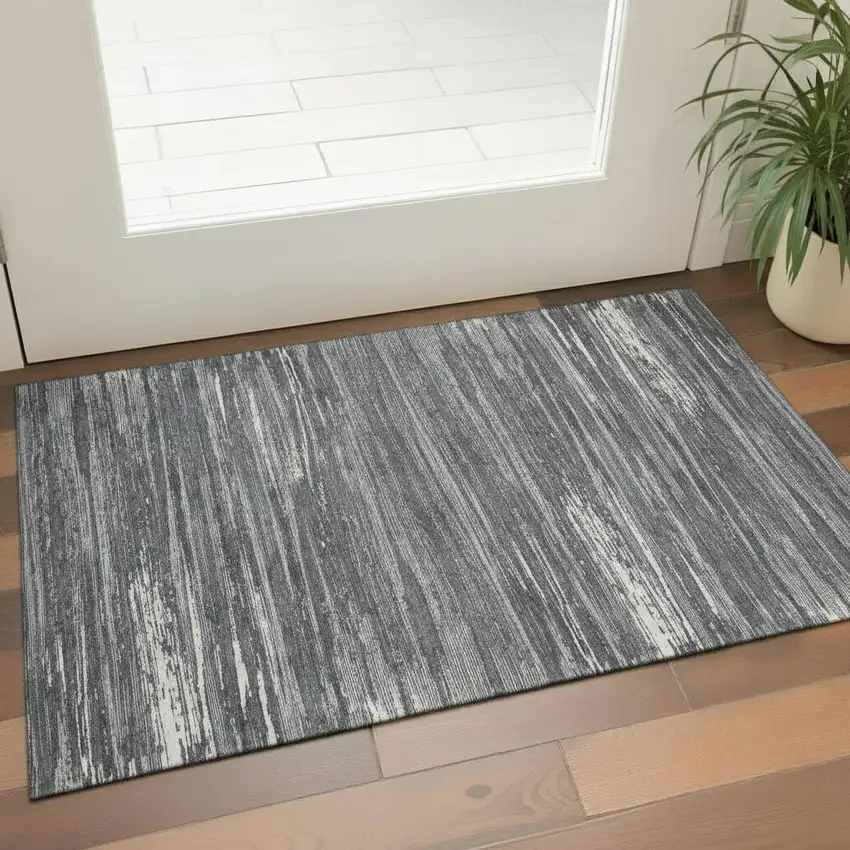 Gray And Ivory Striped Washable Area Rug With UV Protection Photo 1