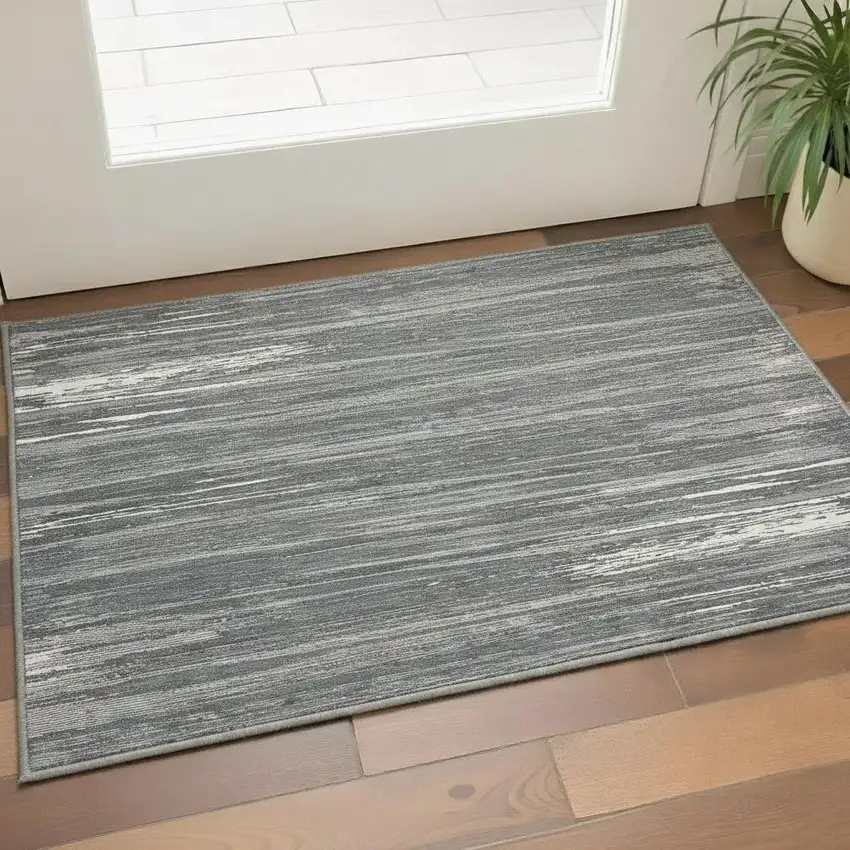 Gray And Ivory Striped Washable Area Rug With UV Protection Photo 2