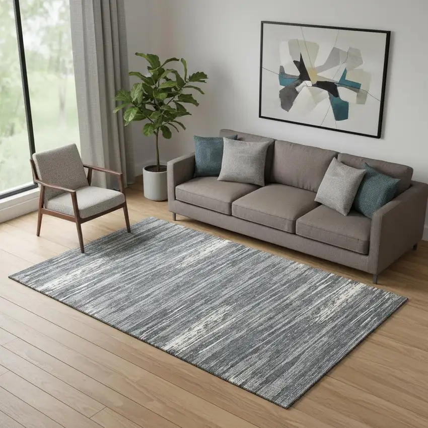 Gray And Ivory Striped Washable Area Rug With UV Protection Photo 1