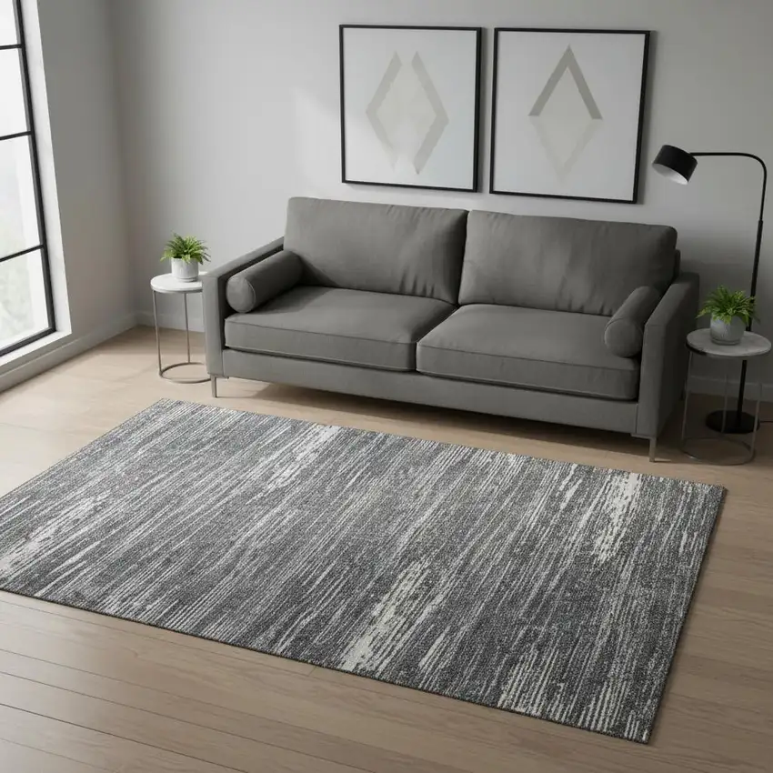 Gray And Ivory Striped Washable Area Rug With UV Protection Photo 2