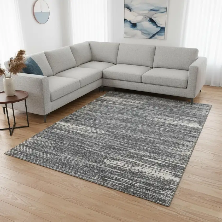 Gray And Ivory Striped Washable Area Rug With UV Protection Photo 2