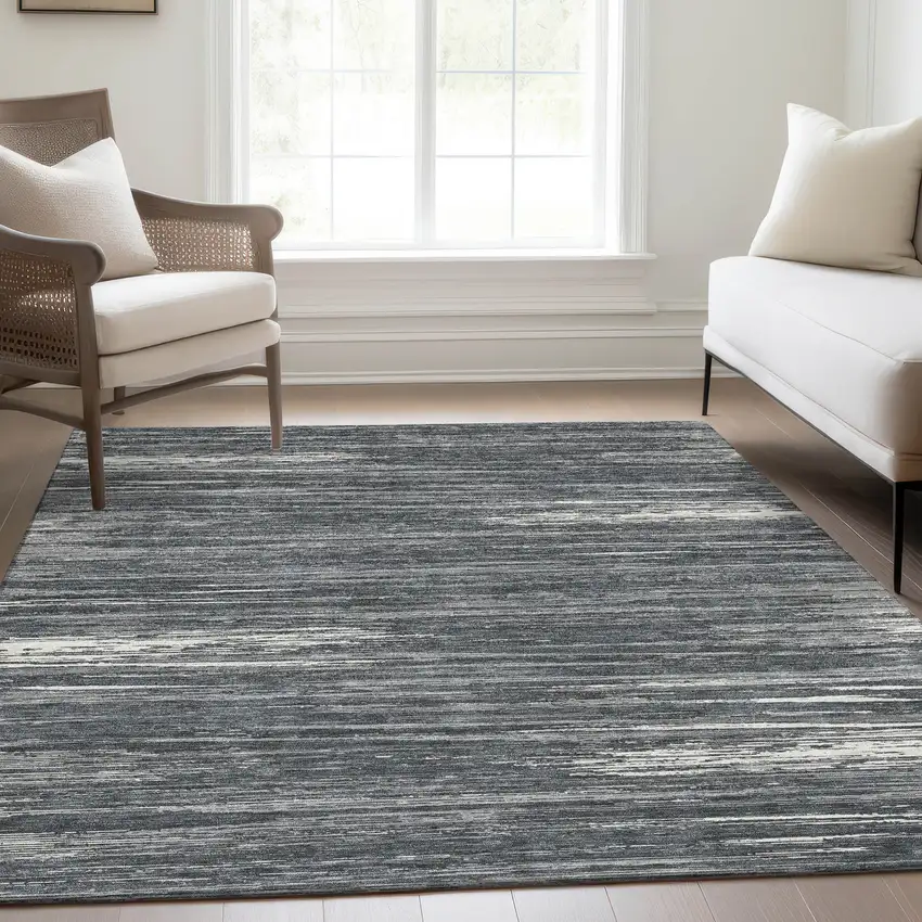 Gray And Ivory Striped Washable Area Rug With UV Protection Photo 6