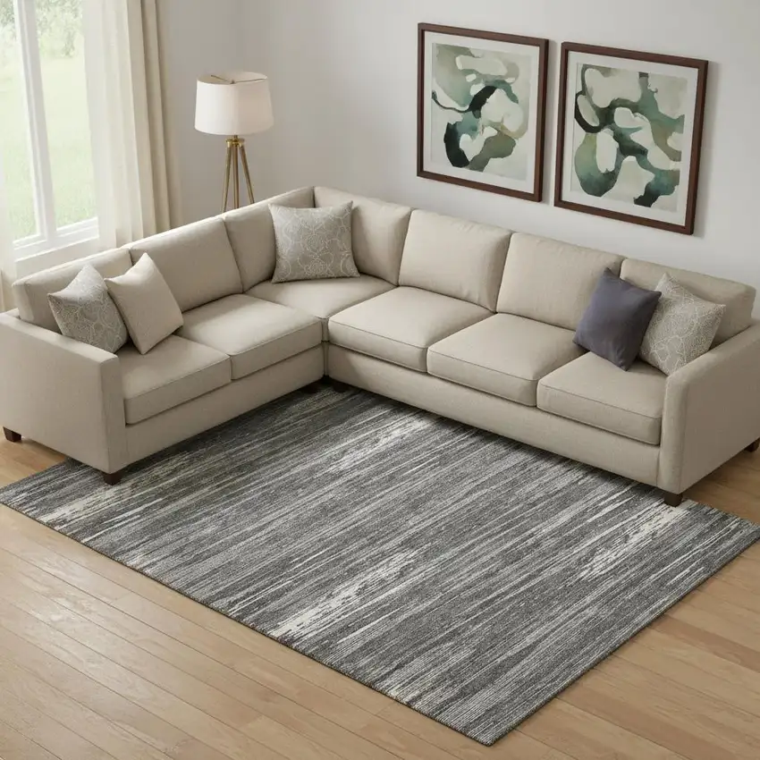Gray And Ivory Striped Washable Area Rug With UV Protection Photo 1