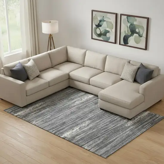 Gray And Ivory Striped Washable Area Rug With UV Protection Photo 1