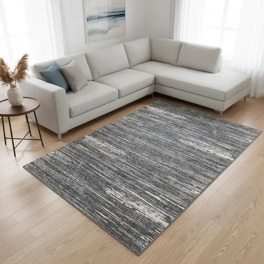 Gray And Ivory Striped Washable Area Rug With UV Protection Photo 2