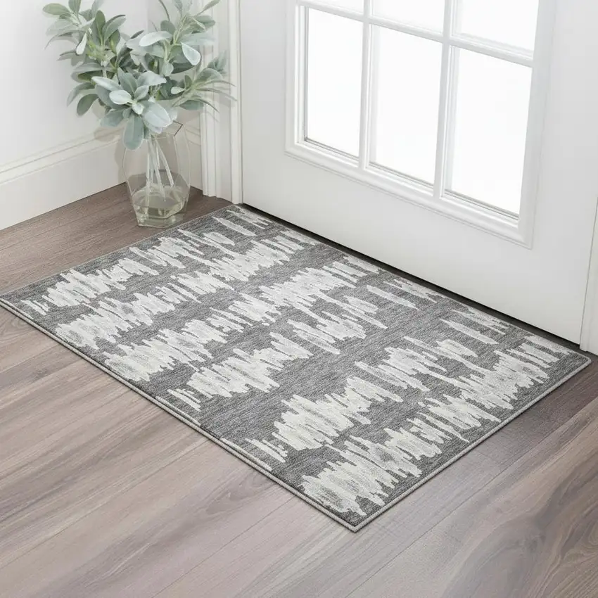Gray And Ivory Striped Washable Area Rug With UV Protection Photo 2