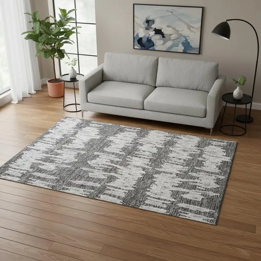 Gray And Ivory Striped Washable Area Rug With UV Protection Photo 2