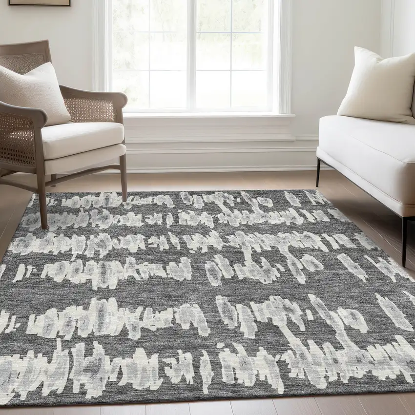 Gray And Ivory Striped Washable Area Rug With UV Protection Photo 6