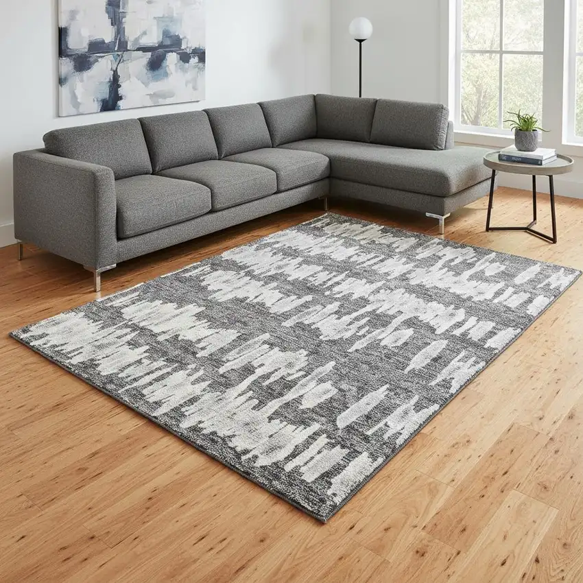 Gray And Ivory Striped Washable Area Rug With UV Protection Photo 2