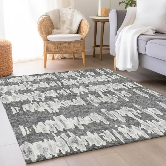 Gray And Ivory Striped Washable Area Rug With UV Protection Photo 5