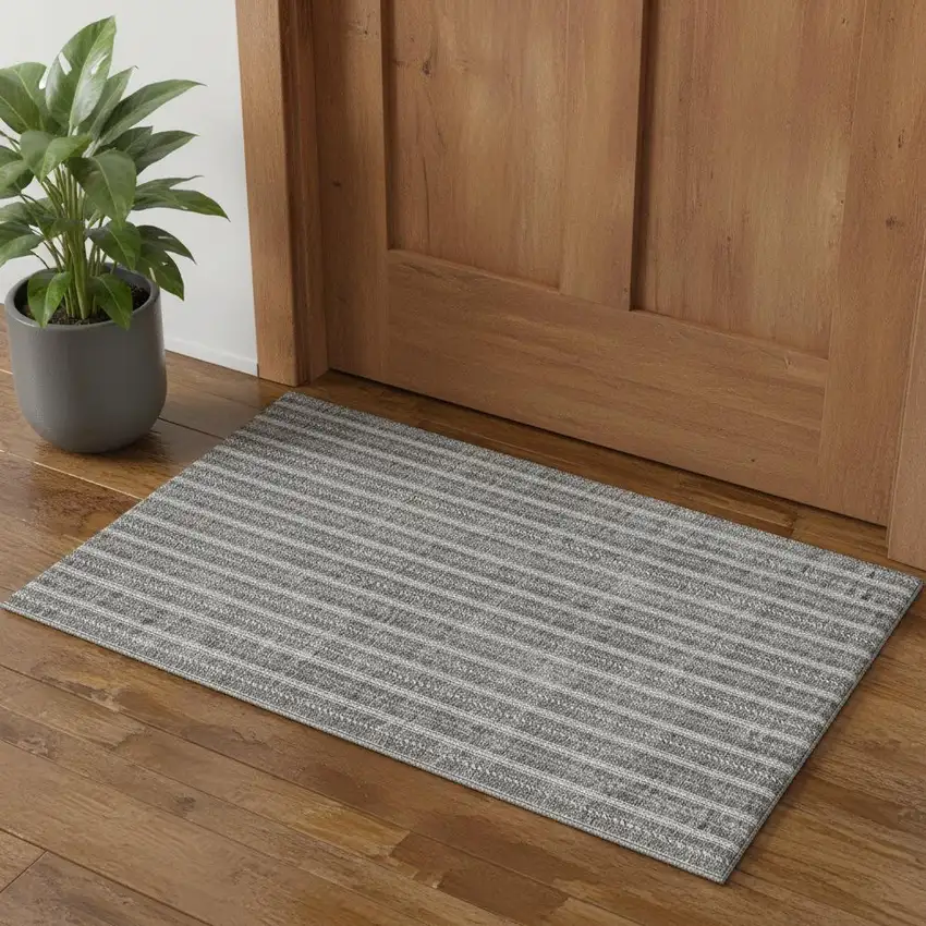 Gray And Ivory Striped Washable Area Rug With UV Protection Photo 1