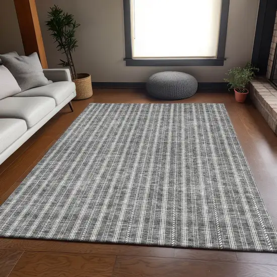 Gray And Ivory Striped Washable Area Rug With UV Protection Photo 5