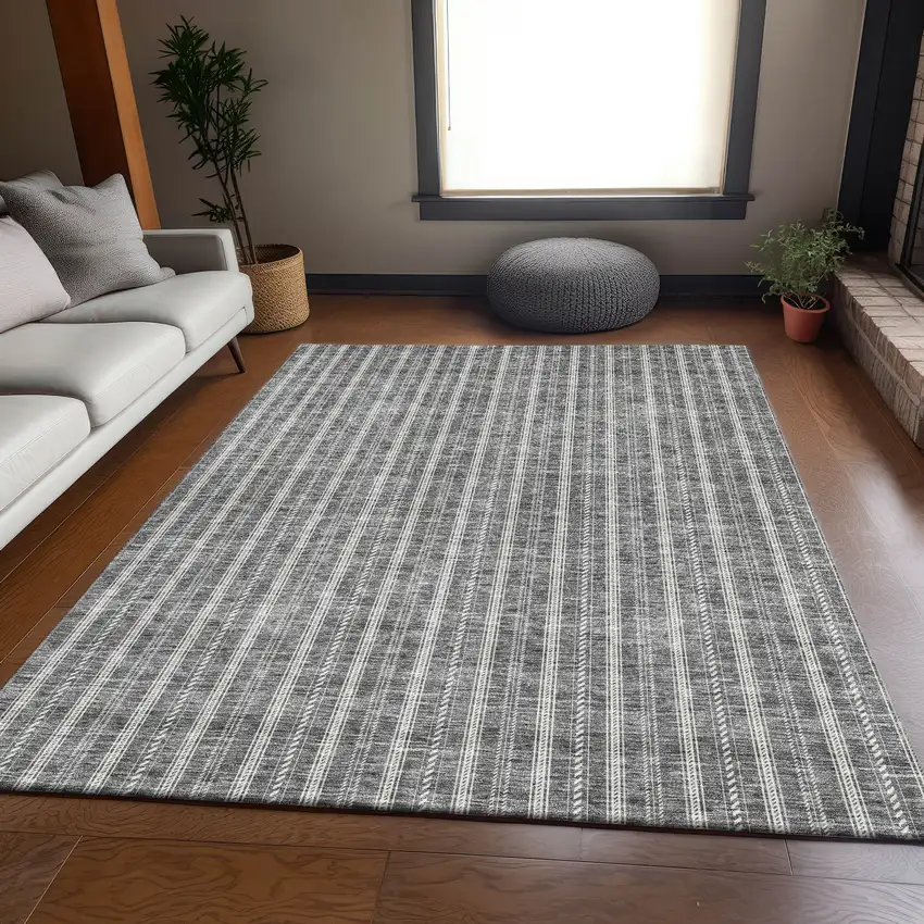 Gray And Ivory Striped Washable Area Rug With UV Protection Photo 5