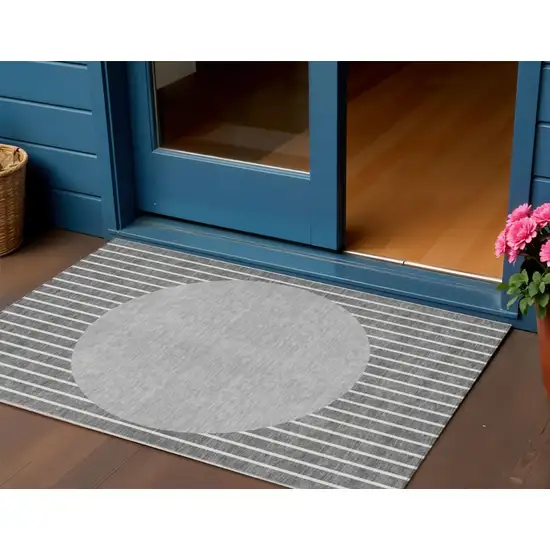 Gray And Ivory Striped Washable Indoor Outdoor Area Rug Photo 1