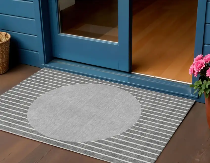 Gray And Ivory Striped Washable Indoor Outdoor Area Rug Photo 1