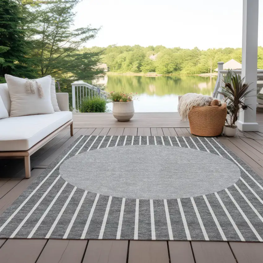 Gray And Ivory Striped Washable Indoor Outdoor Area Rug Photo 9
