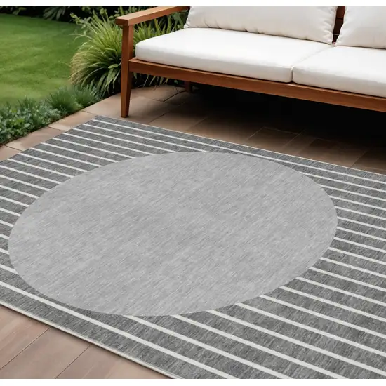 Gray And Ivory Striped Washable Indoor Outdoor Area Rug Photo 1