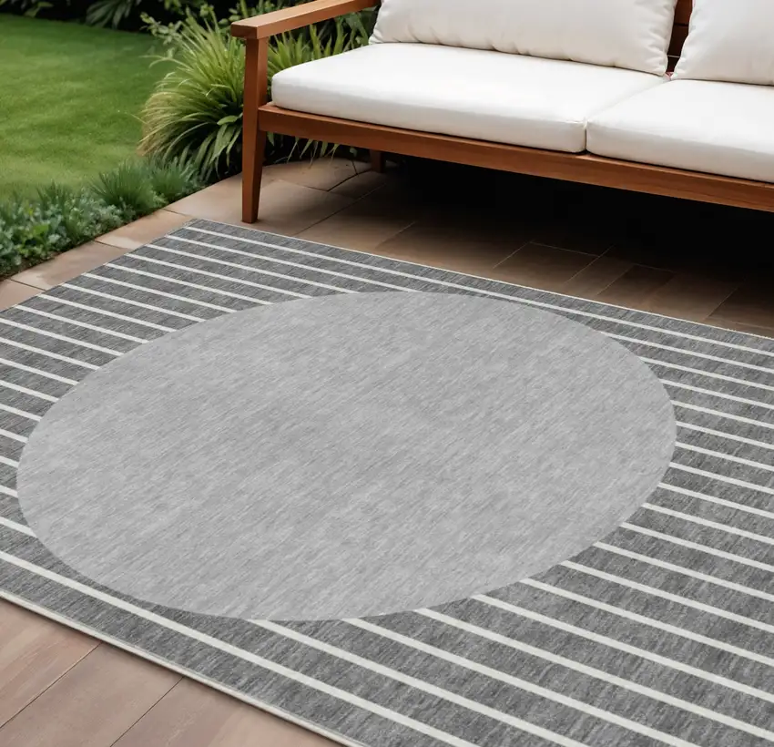 Gray And Ivory Striped Washable Indoor Outdoor Area Rug Photo 1