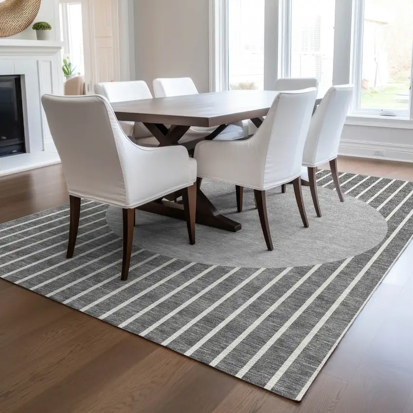 Gray And Ivory Striped Washable Indoor Outdoor Area Rug Photo 9