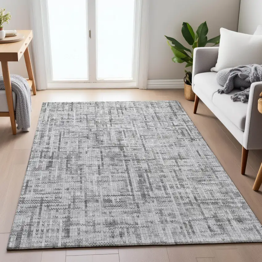 Gray And Ivory Striped Washable Indoor Outdoor Area Rug Photo 4