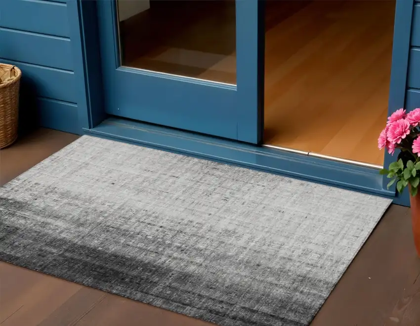 Gray And Ivory Striped Washable Indoor Outdoor Area Rug Photo 1