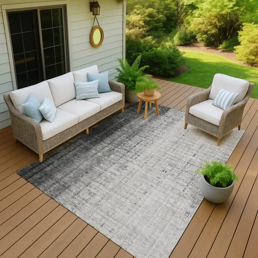 Gray And Ivory Striped Washable Indoor Outdoor Area Rug Photo 6