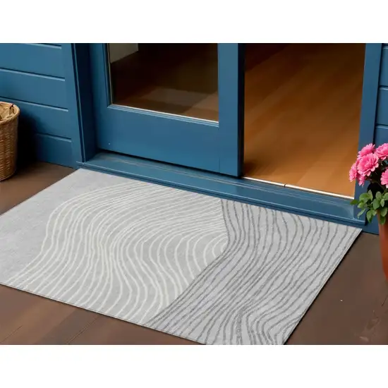 Gray And Ivory Striped Washable Indoor Outdoor Area Rug Photo 1