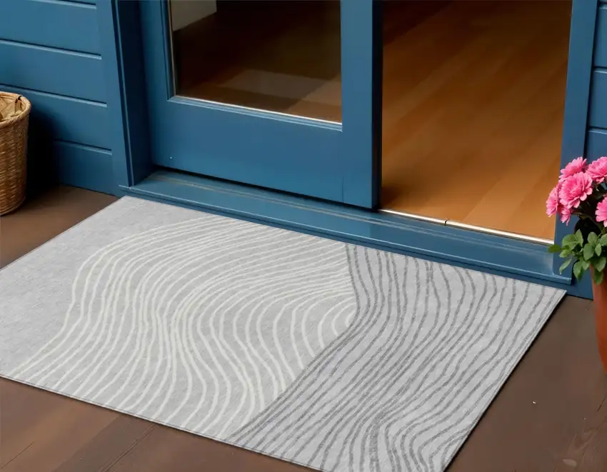 Gray And Ivory Striped Washable Indoor Outdoor Area Rug Photo 1