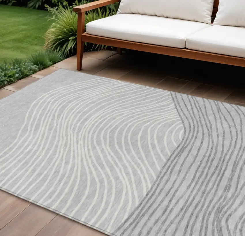 Gray And Ivory Striped Washable Indoor Outdoor Area Rug Photo 1