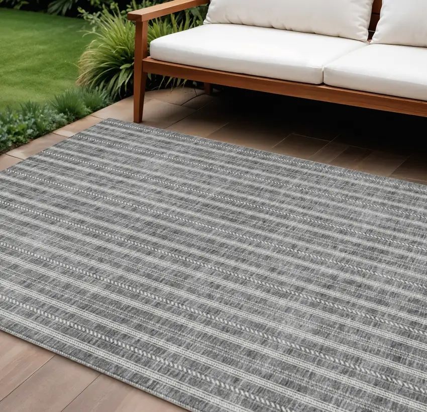 Gray And Ivory Striped Washable Indoor Outdoor Area Rug Photo 1