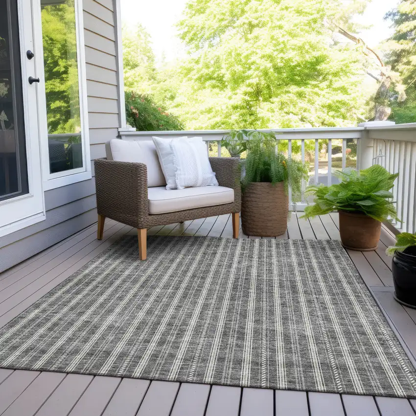 Gray And Ivory Striped Washable Indoor Outdoor Area Rug Photo 7