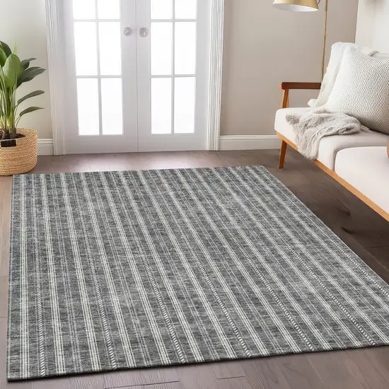 Gray And Ivory Striped Washable Indoor Outdoor Area Rug Photo 8