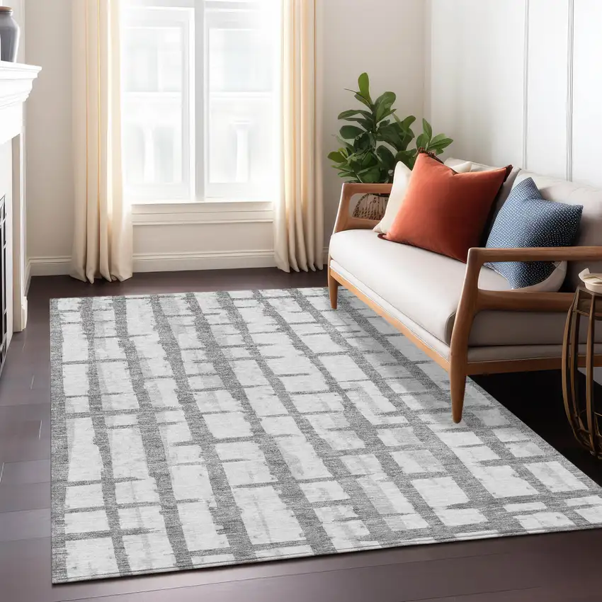 Gray And Ivory Striped Washable Indoor Outdoor Area Rug Photo 9