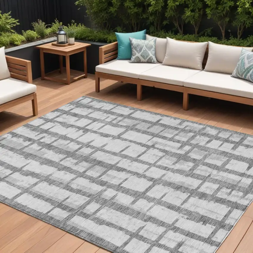 Gray And Ivory Striped Washable Indoor Outdoor Area Rug Photo 1
