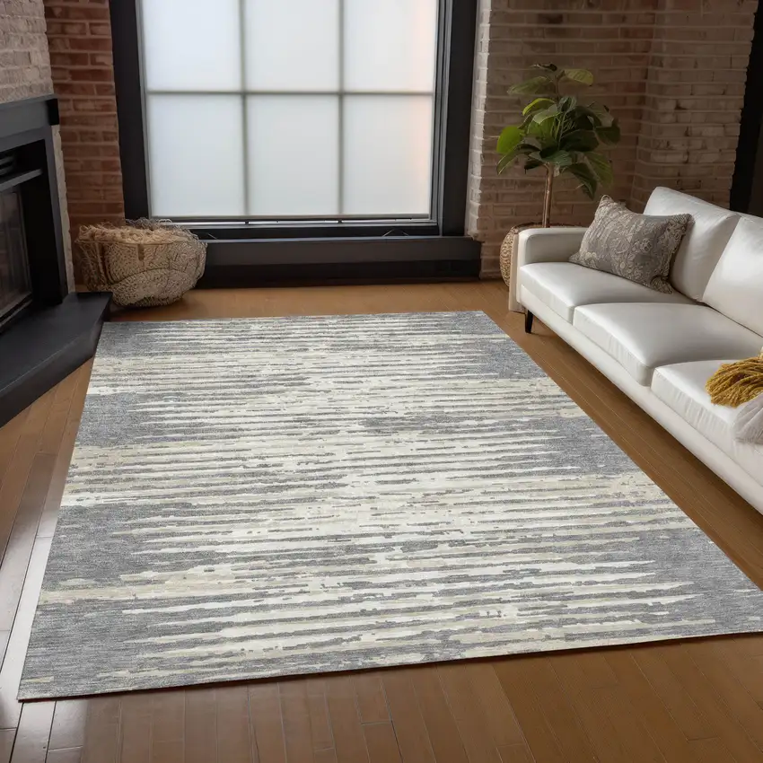 Gray And Ivory Striped Washable Indoor Outdoor Area Rug Photo 9