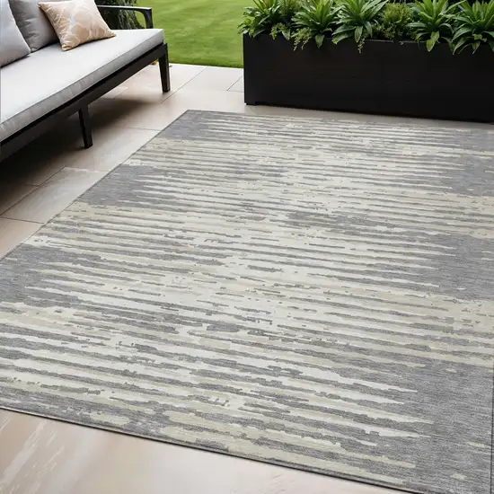 Gray And Ivory Striped Washable Indoor Outdoor Area Rug Photo 1
